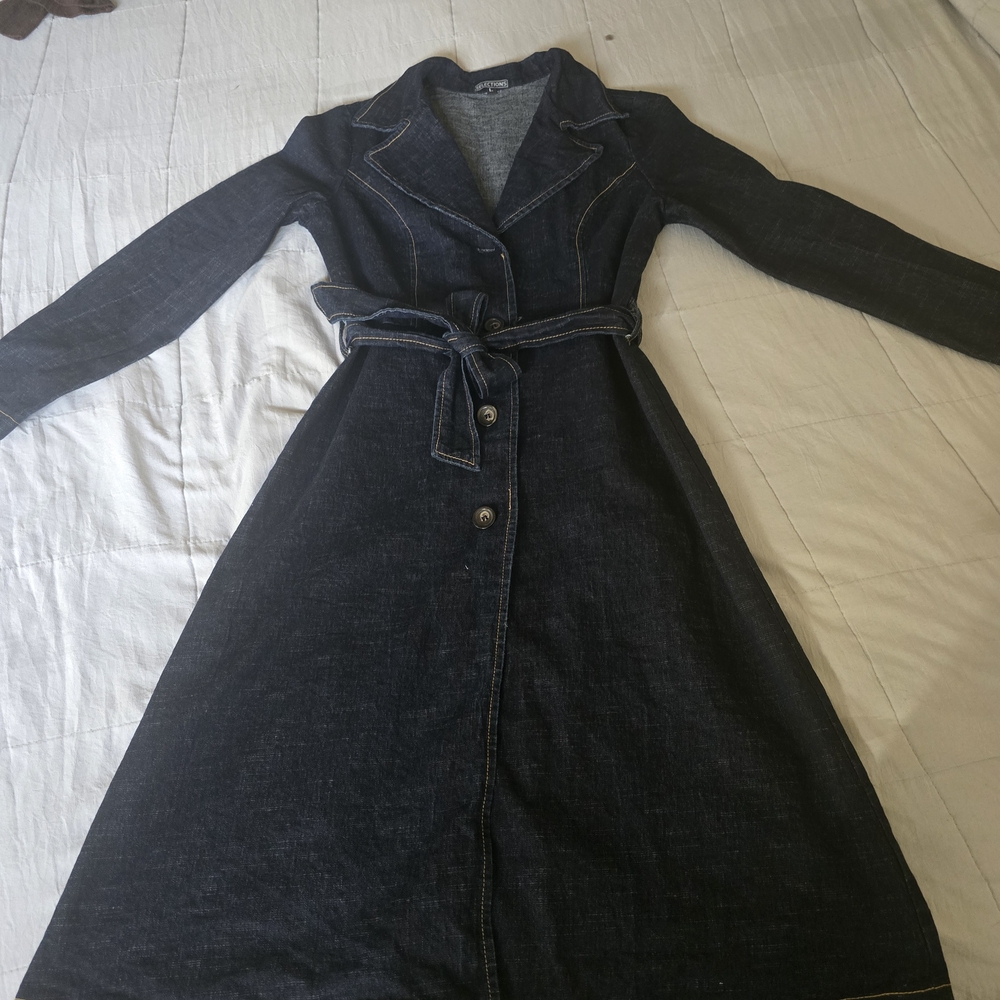 Denim Trench Coat Tie Waist Dark Wash.